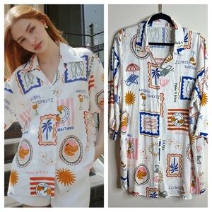 Label of Love XL Vibrant Graphic Casual Button Down Shirt Linen Blend Tropical